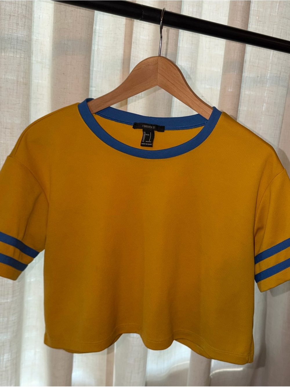 Forever 21 Mustard Yellow Cropped Ringer Tee with Blue Trim